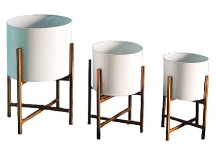 Truphe Metal Plant Pot Set | Indoor Round Planter with Metal Stand Set of 3 (Pot - White, Stand - Gold)