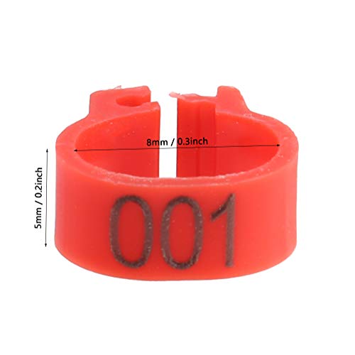 Vogelbeinbänder Ringe, 100PCS/Beutel 8MM Plastikbuchstabentaube Vogelbeinbänder Ringe 001-100 Nummerierte Geflügelbeinbänder Robuster Clip-On-Ring für Bird Chicks Ducks Chicken(rot) – Bild 3