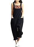 YAELUCKY Women Cotton Linen Overalls Adjustable Strap Pattern Sleeveless Jumpsuit With Pockets Black