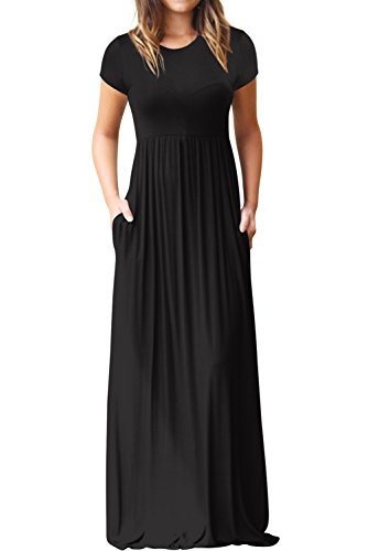 Hervive Women's Short Sleeves Long Maxi Dress with Pockets Empire Waist Swing Causal Dress Black Medium