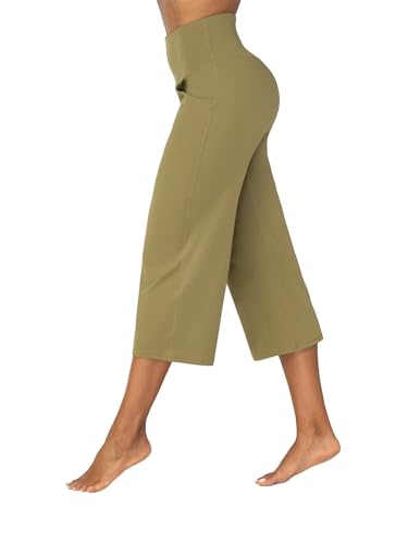 SUNZEL WIDE LEG CAPRI PANTS FOR WOMEN, HIGH WAISTED YOGA PANTS WITH POCKETS, TUMMY CONTROL LOOSE CASUAL CROPPED FLARE PANTS 23″ OLIVE GREEN LARGE
