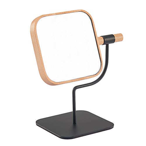 YEAKE Makeup Desk Mirror Wooden &Metal Bracket Cosmetic Vanity Mirror,360°Rotation 3X Magnification Countertop Mirror for Makeup 04 Square