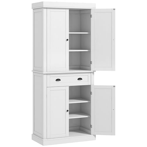 HOMCOM 72" Tall Kitchen Pantry Cabinet, Modern Buffet Storage Cabinet with 4 Recessed Doors, Drawer and Adjustable Shelves, White
