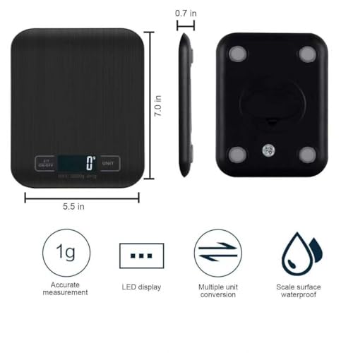 Báscula de cocina digital de 10 kg de acero inoxidable, elegante y ultrafina, báscula electrónica de cocina para el hogar y la cocina con pantalla LCD, función de tara