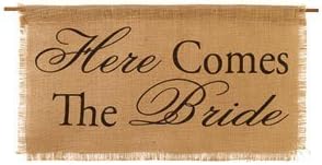 Here comes the bride burlap banner sign for wedding flower girl aisle runner by BACKDROP OUTLET