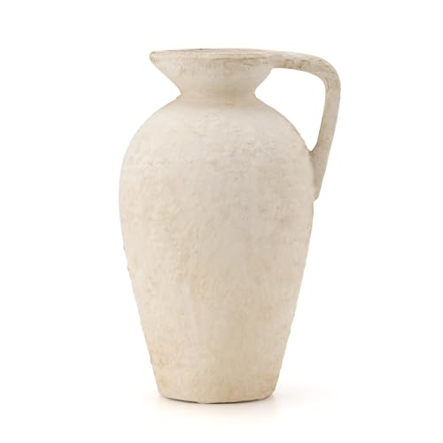 Luka Rustikale Keramikvase, 23,5 cm, Terrakotta-Vase mit Griff, neutrale, hohe Tonvasen, dekorative Vase für Wohnzimmer, Tisch, Regaldekoration (Off-White, L)