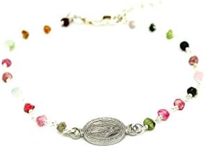 Tourmaline Rosary Bracelet Miraculous Virgin and Silver Cross 925 with extendable Chain, Delivered in Box and Gift Bag, Ideal Communion, Girl, Woman