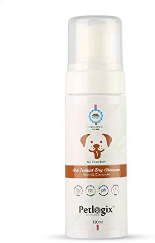 Petlogix Natural Anti Irritant, Anti Bacterial, Anti Fungal Dry Shampoo Enriched with Neem & Chamomile Waterless Coat Cleaning Pet Dog & Cat Mineral Oil, SLS & Paraben Free, 120ml