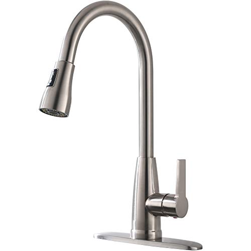 Hotis Modern High Arc 1 or 3 Hole Single Handle Stainless Steel Prep Sprayer Pull Out Pull Down Sprayer Kitchen Sink Faucet,Brushed Nickel with Deck Plate