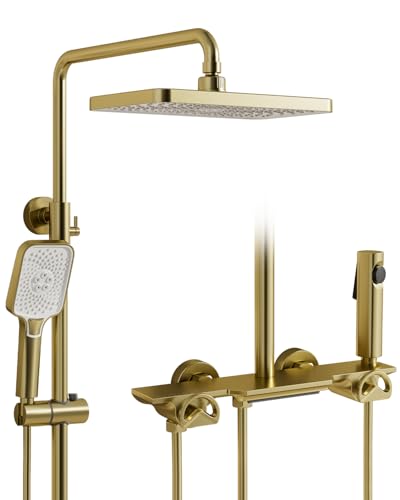 Shower Column,Brushed Gold 4 in 1 Shower Column Set,300x180mm Square Rainfall Shower Head,3 Modes Hand Shower,360° Shower Head,Rain Shower with Accessories