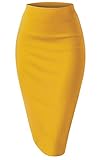 Women Elastic Waist Band Stretchy Fabric Pencil Skirt (Large, Mustard)