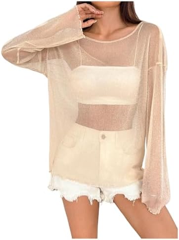 GORGLITTER Women's See Through Sheer Long Sleeve Tops Mesh Y2k