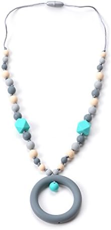 Nummy Beads Turquoise & Gray Ring Silicone Baby Teething Necklace for Mom to Wear, 100% BPA Free