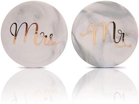 Luspan Mr Mrs Grey Marble Stone Coasters- 3.7 Inches in Diameter- Prefect Match with Mr Mrs Coffee Mugs for Couples