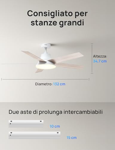 DREO Smart Ceiling Fan with Light, 52 inches, 12 Speed, 3 Fan Modes, Continuous Colour Tone, Adjustable LED, 12H Timer, Silent DC Motor, Remote Control/APP Control