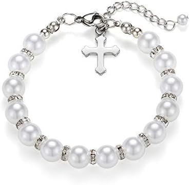 VINJEWELRY Girls First Communion Gift Bracelet White Pearl Cross Charm 8mm Bead Bracelet