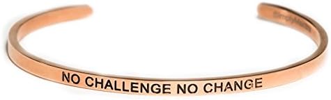 Simply Mantra Inspirational Adjustable Cuff Band, 20 Bracelet Phrases in Silver, Gold or Rose Gold 316 L Stainless Steel (NO CHALLENGE NO CHANGE; ROSE GOLD)