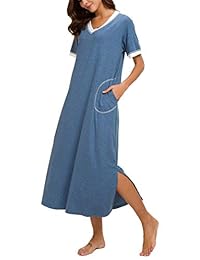 AVIIER Camisón largo para mujer con bolsillos, cuello en V, manga corta, ropa de dormir S-XXL
