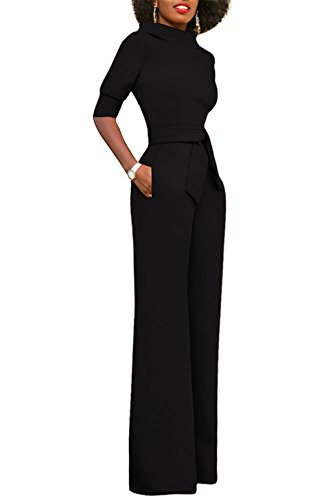 KISSMODA Casual Lapel Wide Leg Long Jumpsuits Rompers with Half Sleeve Clubwear Black Medium