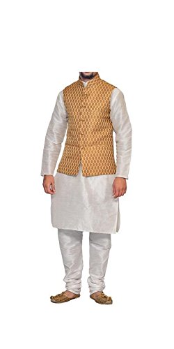 inyour men's silk copper gold waiscoat,white kurta pajama set_inyour-tr3171wcp