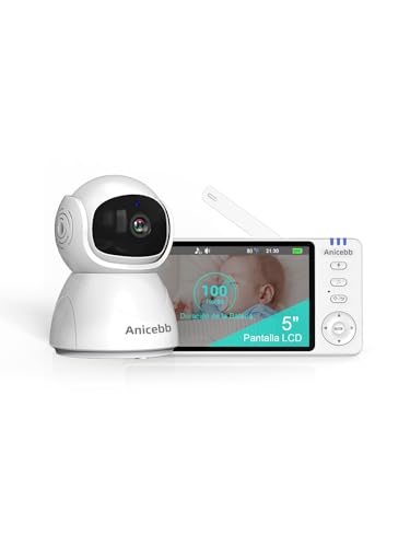Camara Vigilancia Bebe 720P HD 5", Vigilabebés con Cámara y Audio sin WiFi, Pan Tilt Zoom 2X/4X, Batería 3500mAh con 100H en Modo VOX, Alcance 300m, Visión Nocturna, Alertas de Temperatura y Llanto