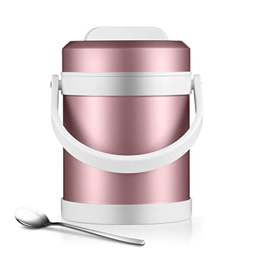 BEYONDA Food Jar for Hot Food, Vacuum Insulated Flask 18/8 Stainless Steel Leak Proof Lunch Box with Spoon, Food Storage Container Flask 2L Rose gold