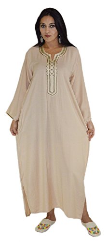 Moroccan Caftans Women Handmade with Embroidery Medium to X-large Breathable Beige