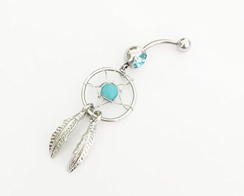 316L Surgical Steel 14g lake blue Gem Dream Catcher Belly Navel Barbell Bar Ring Body Jewelry Piercing