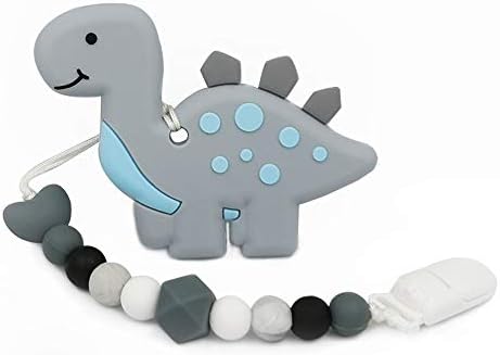 Baby Teething Toys, BPA-Free Silicone Teether with Pacifier Clip Holder and Chewable Bead for Newborn Babies, Infants ,Boys & Girls,Freezer Friendly, Effective Pain Relief, (Dinosaur)