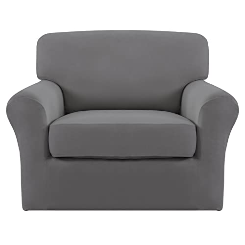Easy-Going 2 Pieces Microfiber Stretch Chair Slipcover – Spandex Soft Fitted Sofa Couch Cover Washable Furniture Protector with Elastic Bottom Kids Pet Light Gray