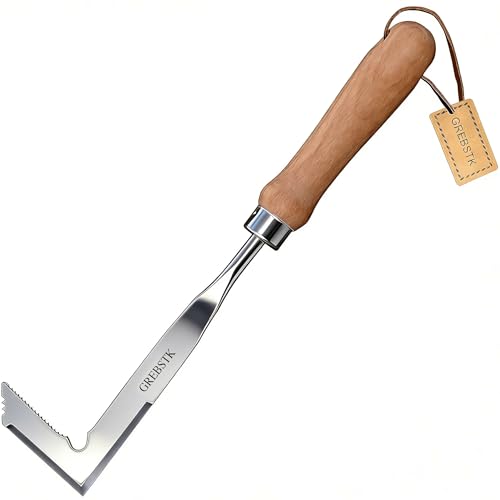 GREBSTK Crack Weeder Crevice Weeding Manual Stainless Steel Gardening Tool | L-shaped blade, razor-sharp hardened, rust-resistant, comfortable handle, 13in, for sidewalk cracks, driveway gaps, edging