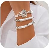 Denifery 3pcs Boho Layered Beaded Bracelets Set for Women Dainty Stretch Elastic Round Ball Beads Tube Chunky Chain Bracelets Stackable Silver Toggle Cuban Link Bracelets Trendy