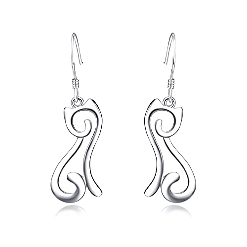 Cat Dangle Earrings Sterling Silver Polished Cat Drops Dangles Jewellery with Fishhook (Cat earrings)