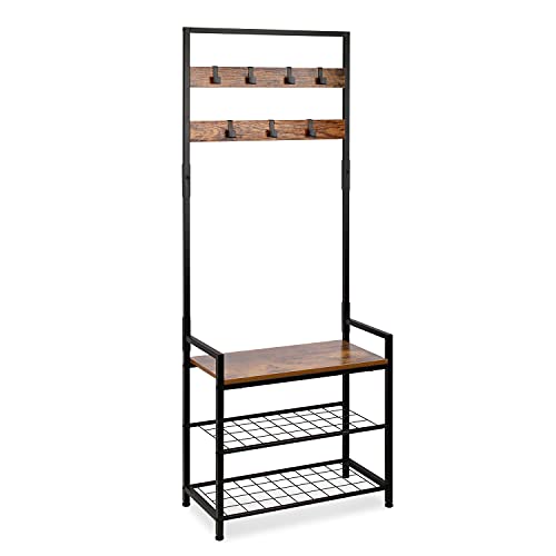 HOMEKOKO Coat Rack Shoe Bench, Hall Tree Entryway Storage Bench, Wood