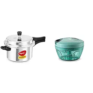 Pigeon by Stovekraft New Handy Plastic Chopper with 3 Blades, Green + Favourite Al Outer Aluminium Pressure Cooker, 5 Litres, Silver