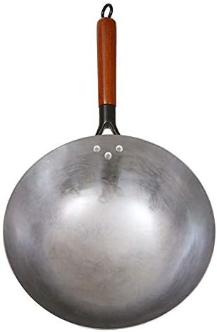 ICDOT Pre-Seasoned Carbon Steel Wok, Hand Forged Iron Wok, Profession Chinese Traditional Hand Hammered Carbon Steel Pow Wok with Premium Elm Wooden and Steel Helper Handle (Size : 12.5inch)