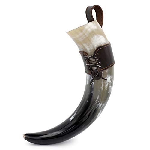 Norse Tradesman 18" Authentic Ox-Horn Viking Drinking Horn w/Genuine Leather Belt Holster | Burlap Gift Sack Included |"The Journeyman", Polished, 18-Inch