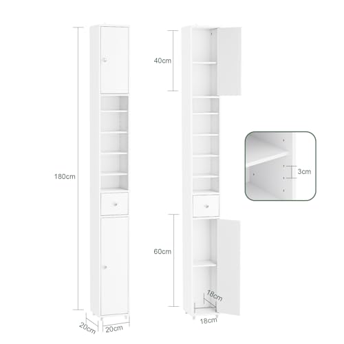 SoBuy Slim Bathroom Storage Cabinet, Narrow Storage Cabinet, Tall Slim Cabinet with Adjustable Shelves, Floor Standing Cupboard for Small Spaces, Bathroom or Laundry Room Organizer, White BZR34-W