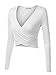 VETIOR Women's Deep V Neck Long Sleeve Unique Cross Wrap Slim Fit Crop Tops Medium White