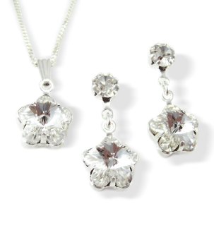 Crystal Flower & Pendant Set - Silver Finish - Made Using Swarovski Crystals - Wedding Jewellery