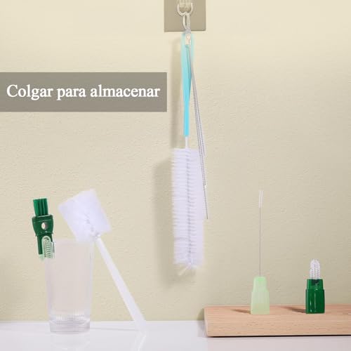 WINCHEERS Kit de 5 Cepillos Limpiabotellas 5 en 1 - Cepillo para Botellas con Mango Largo - Incluye 3 Cepillos para Pajillas, Cepillo para Tetinas Extraíble y Cepillo Detallador para Ranuras de Tapas