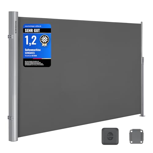 SONGMICS Alu-Seitenmarkise, ausziehbar, 160 x 400 cm, Blickdicht, Sonnenschutz, blickdicht, Seitenrollo, für Balkon, Terrasse, Garten, anthrazit GSA16