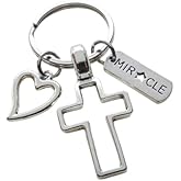 Cross Charm Keychain with Heart Charm & Word Tag Charm, Religious Keychain