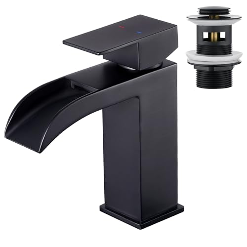 Faustina Bathroom Faucet for Rectangular Waterfall Basin and Click-Clack Drain Valve with Overflow, Bathroom Tap Mixing Dr Square with Drain Stainless Steel, Matte Black