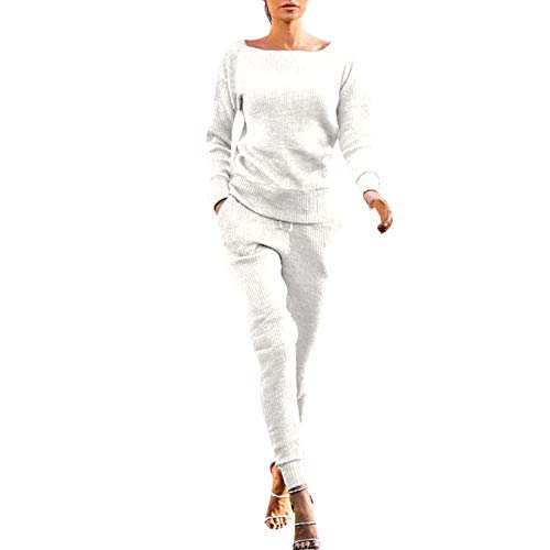 Dreamyth-Winter 2Pcs Women Solid Tracksuit Sweatshirt Regular Sleeve Long Pants Sport Lounge Wear Suit Sets (White, S:Bust:98cm/38.6'') - Thumbnail 5