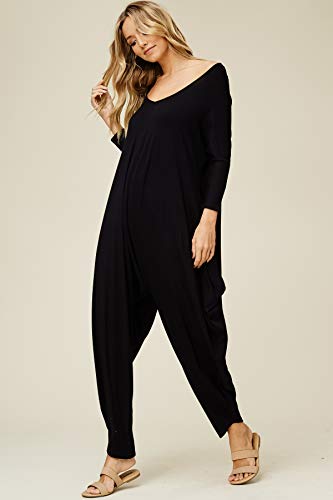 Annabelle Women's Long Sleeve Comfy Harem Jumpsuit Romper with Pockets Black Small J8002