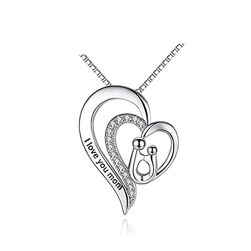 Gifts for Mum, Sterling Silver Heart Necklace I Love You Mom Necklace with Cubic Zirconia, Mother's Day Gift Birthday Present Jewellery for Mother