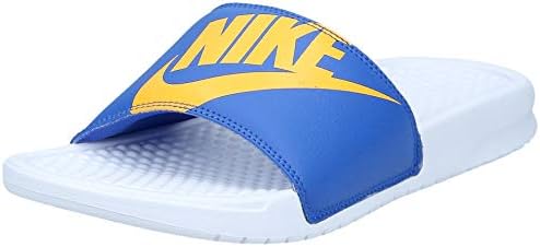 blue and yellow nike slides