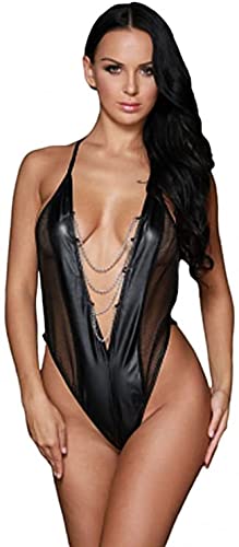 Women's Sexy Faux Leather Lace Teddy Size Uk 8-10 Black