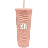 Sorority Shop Chi Omega Studded Tumbler with Straw - 24 Oz Tumbler with Lid and Straw, Matte Coral, Reusable Plastic Cup with Screen Printed Greek Letters for Water, Ice Coffee or Any Drink